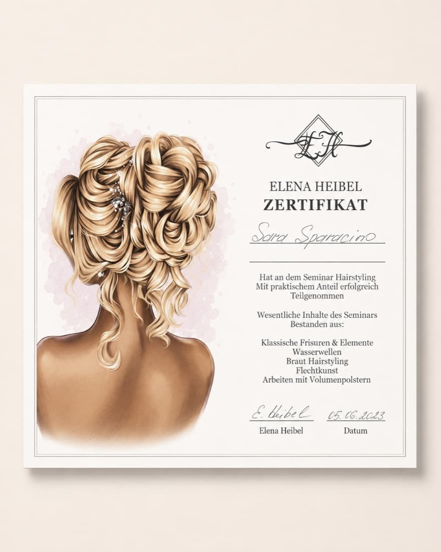 Zertifikat: Hairstyling-Seminar Elena Heibel